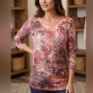 Northern Reflections Dusty Rose Mixed Print Long Sleeve Top Size S Soft Casual